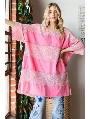 Oli And Hali Oversized Lace Mixed Media Freyed Boxy Pink Tunic Top Size Small
